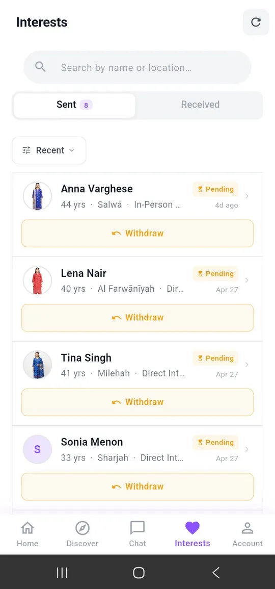 Matchdiary App - User Interests